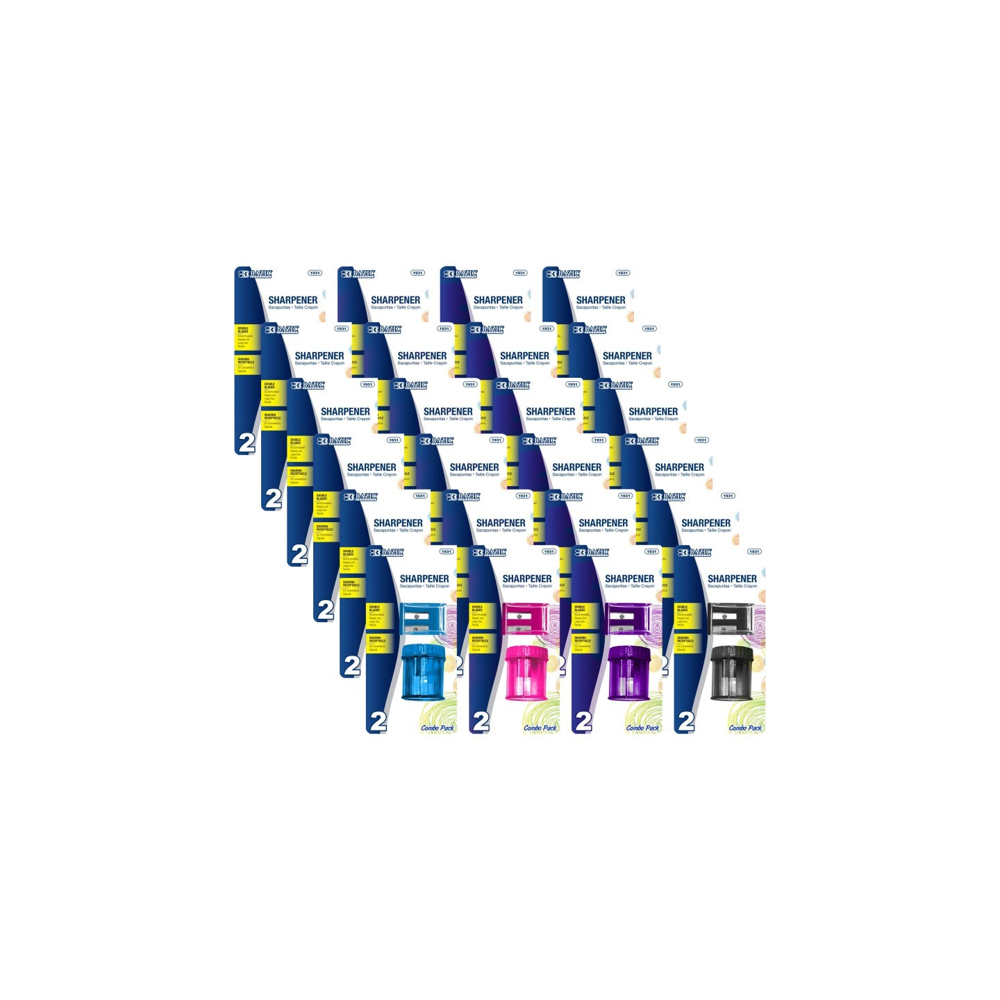 BAZIC Products® Dual Blade Square Sharpener with Receptacle & Round Receptacle Sharpener, Assorted Colors, 2 Per Pack, 24 Packs