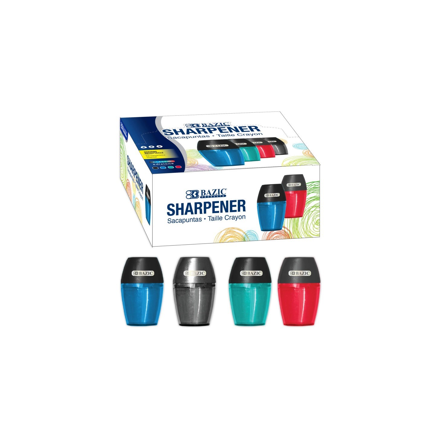BAZIC Products® Axel Pencil Sharpener with Receptacle, Assorted Colors, 1 Count, Pack of 24