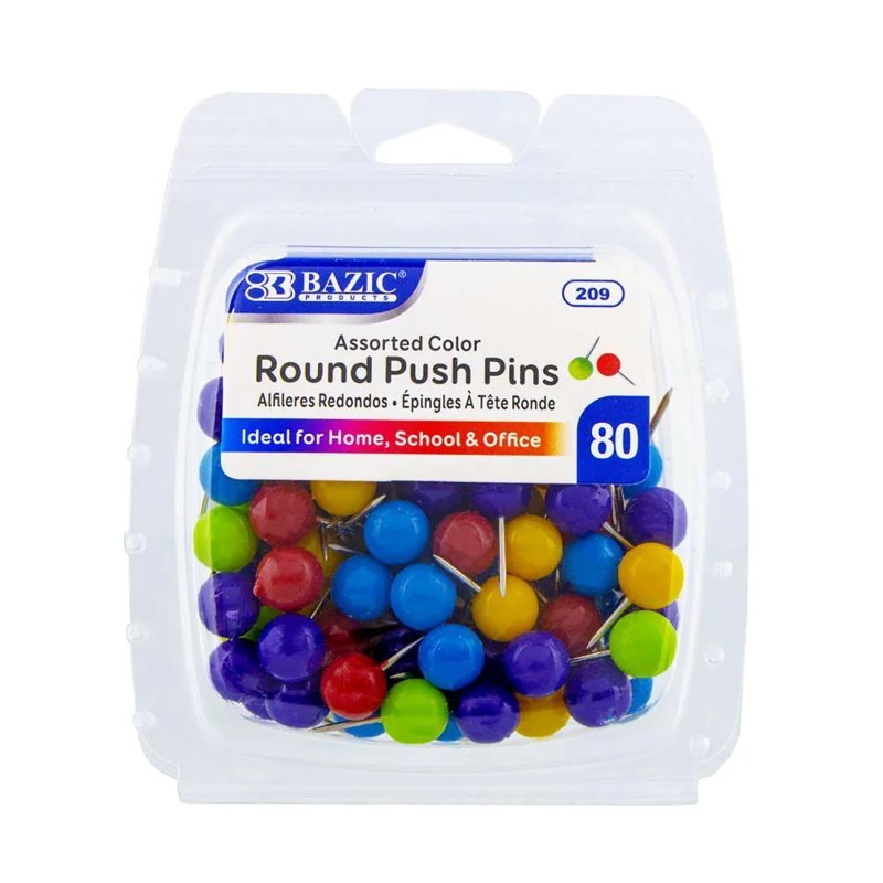 BAZIC Products® Round Push Pins, Assorted Color, Pack of 80