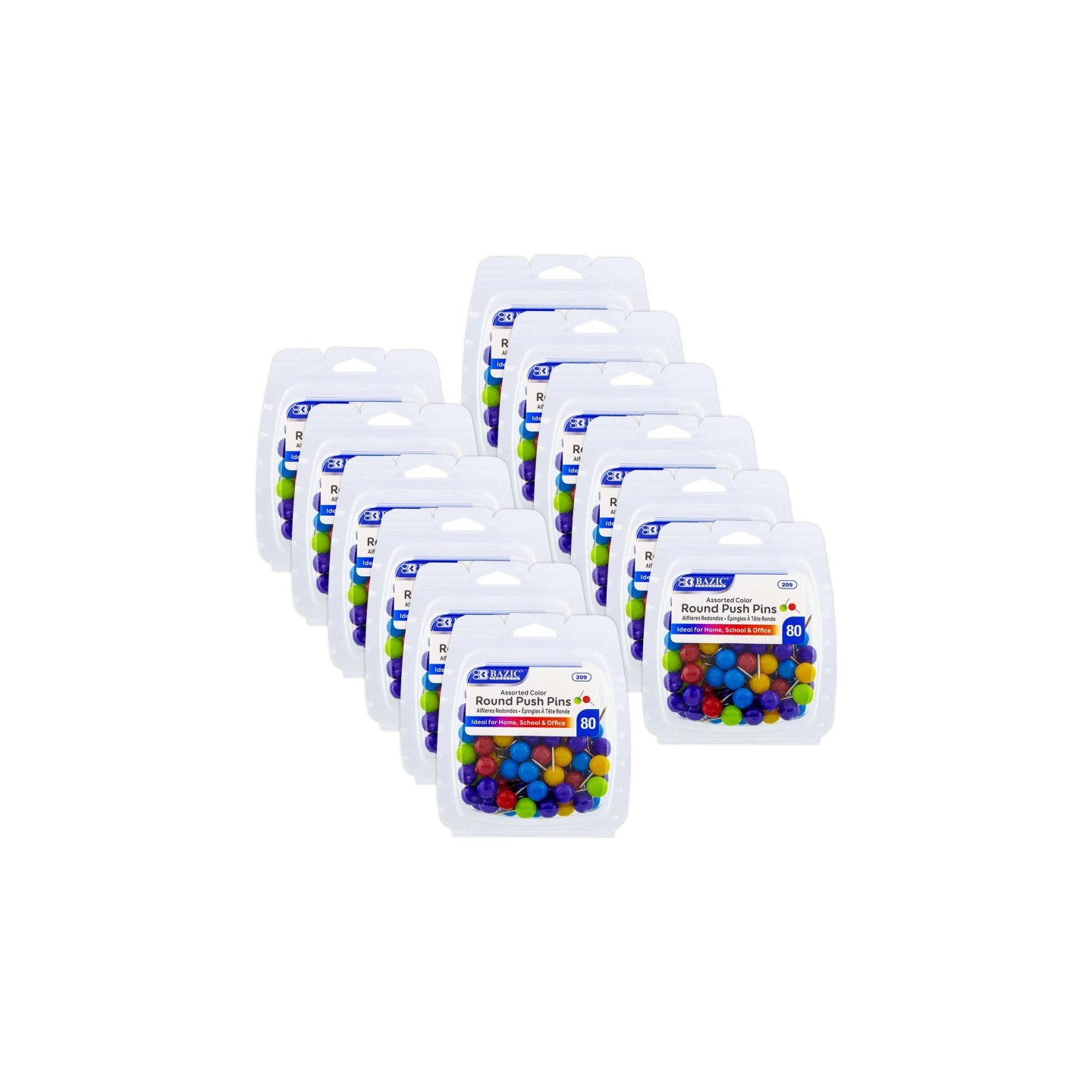 BAZIC Products® Round Push Pins, Assorted Color, 80 Per Pack, 12 Packs