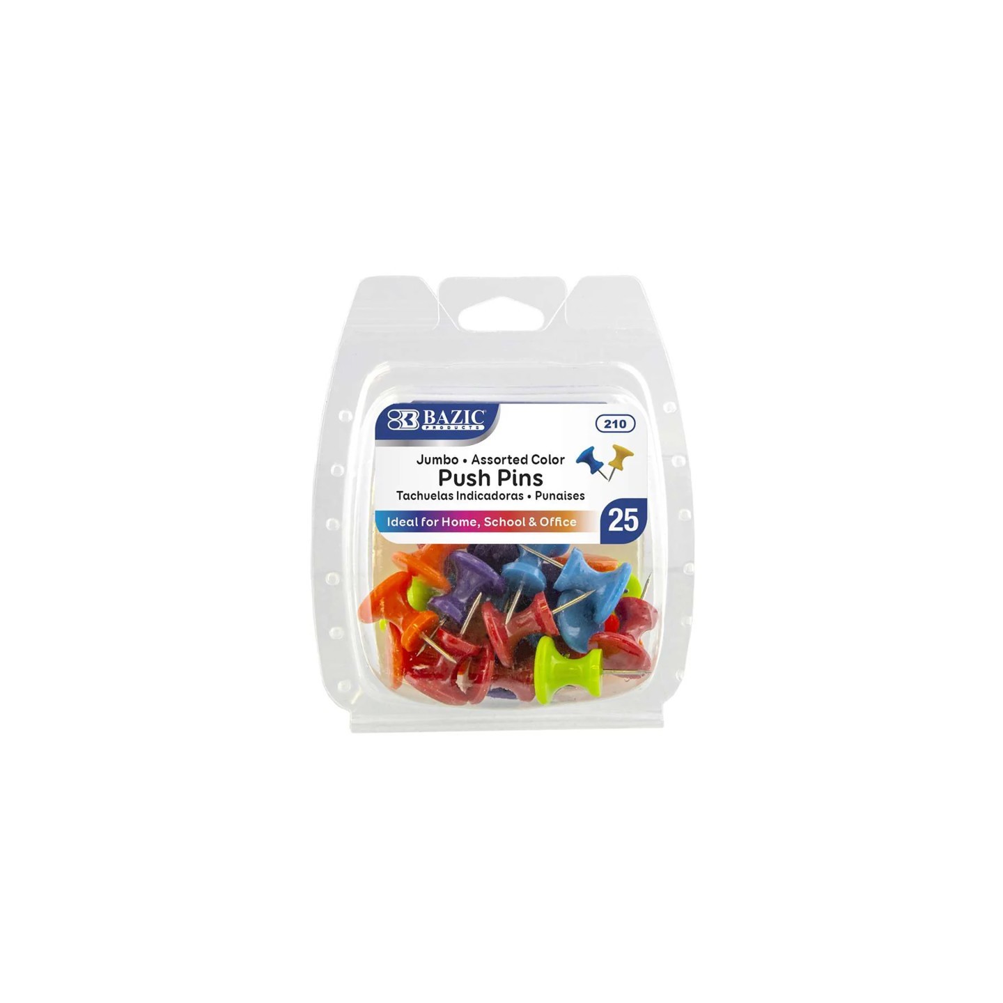 BAZIC Products® Jumbo Push Pins, Assorted Color, Pack of 25