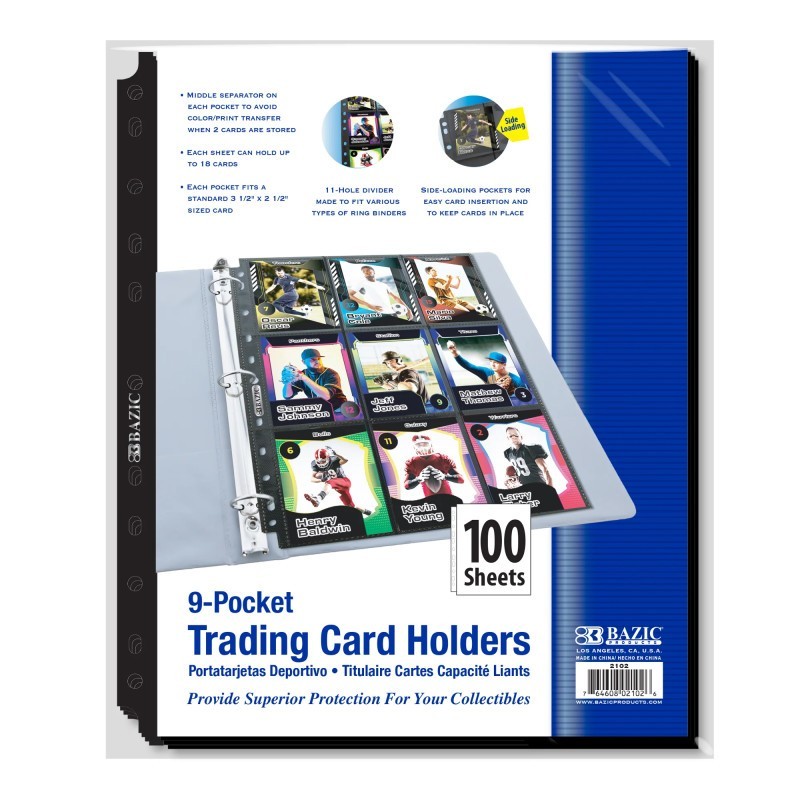 BAZIC Products® Side Loading 9-Pocket Double Sided Sports Card Holder, Pack of 100
