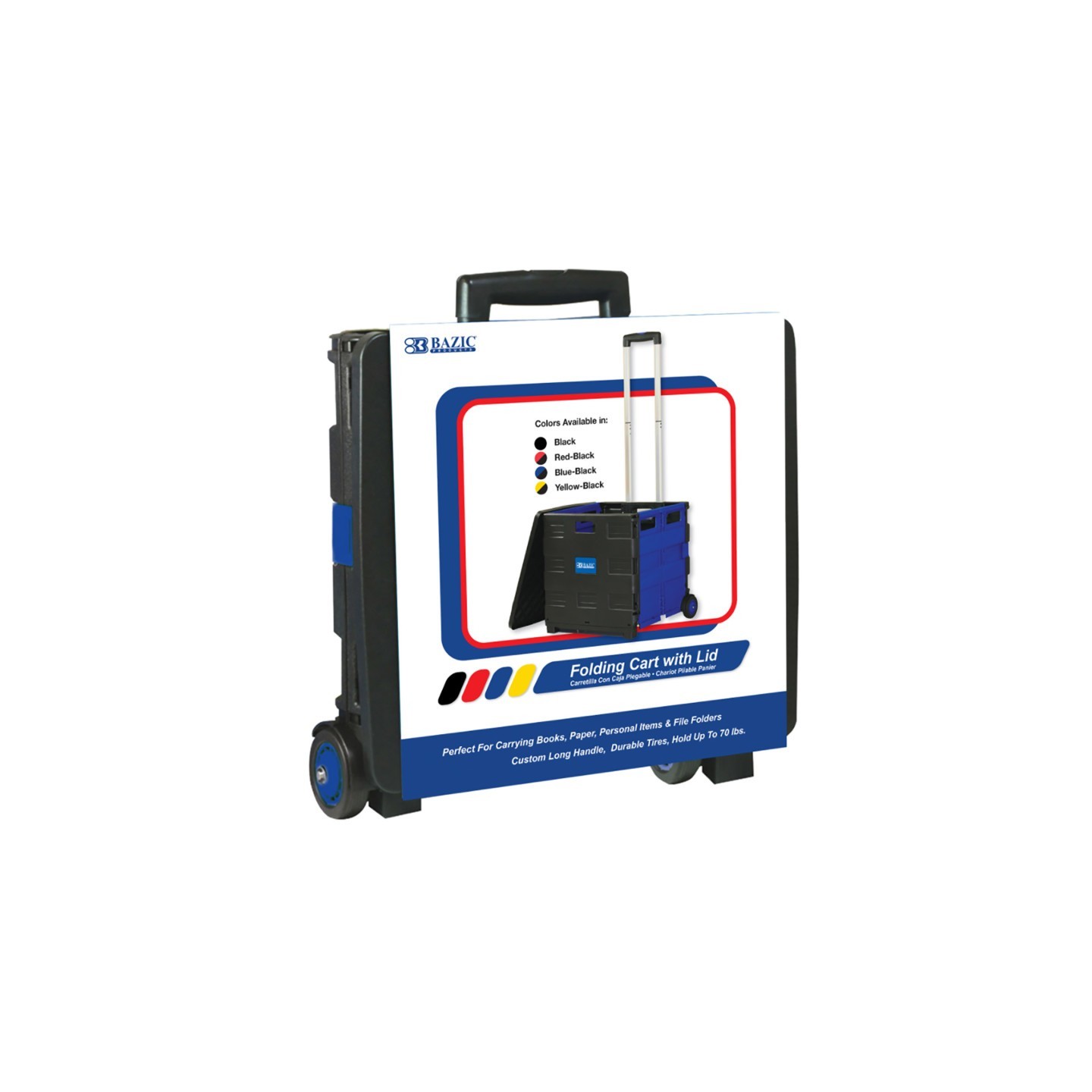 BAZIC Products® Folding Cart on Wheels w/Lid Cover, 16" x 18" x 15", Black/Blue