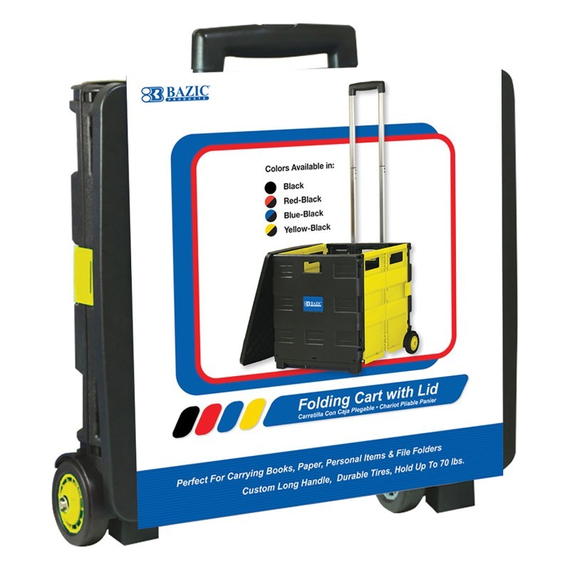 BAZIC Products® Folding Cart on Wheels w/Lid Cover, 16" x 18" x 15", Yellow
