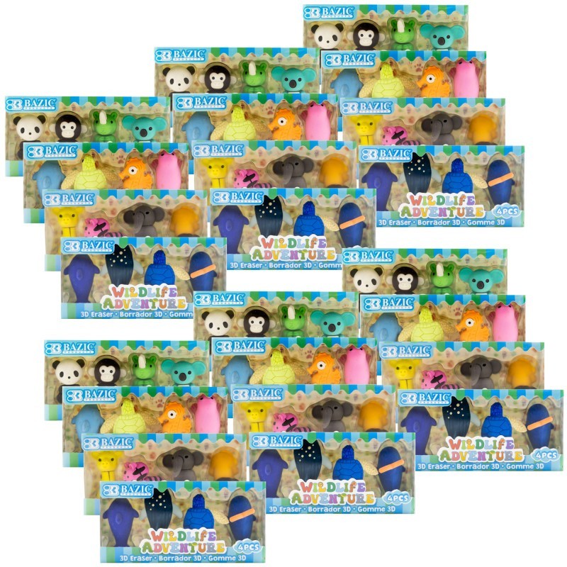BAZIC Products® Wildlife Adventures 3D Eraser Sets, 4 Per Set, 24 Sets