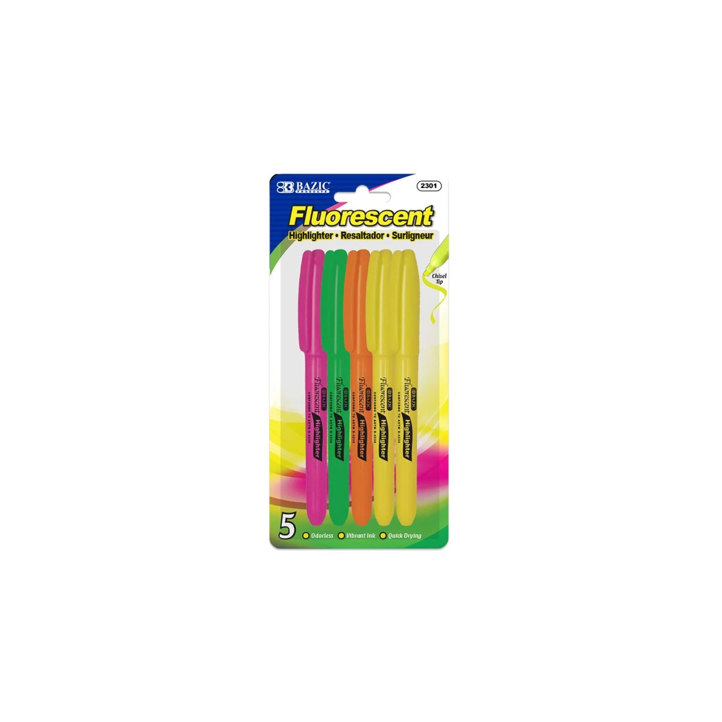 BAZIC Products® Pen Style Fluorescent Highlighters with Pocket Clip, Pack of 5