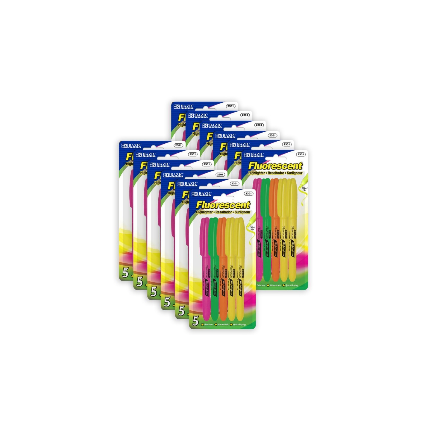 BAZIC Products® Pen Style Fluorescent Highlighters with Pocket Clip, 5 Per Pack, 12 Packs