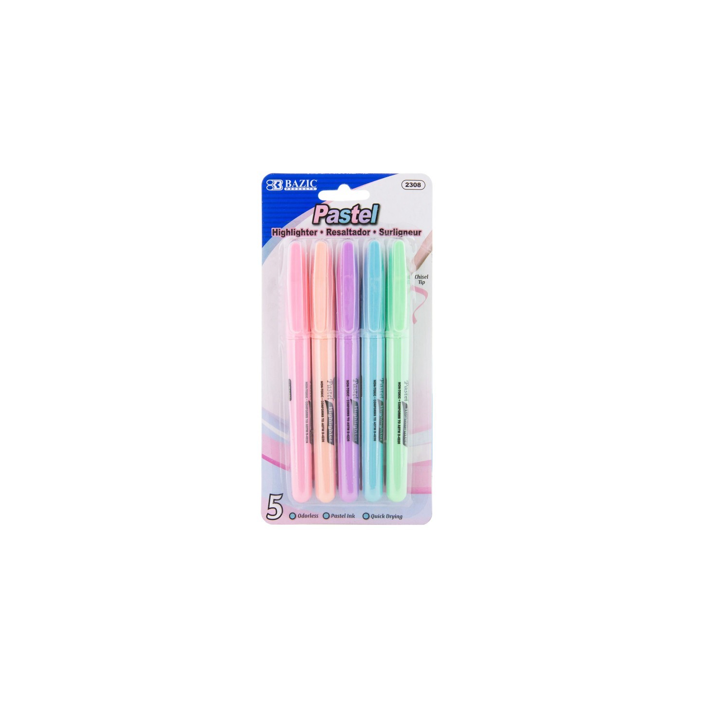 BAZIC Products® Pen Style Highlighter with Pocket Clip, Pastel, Pack of 5