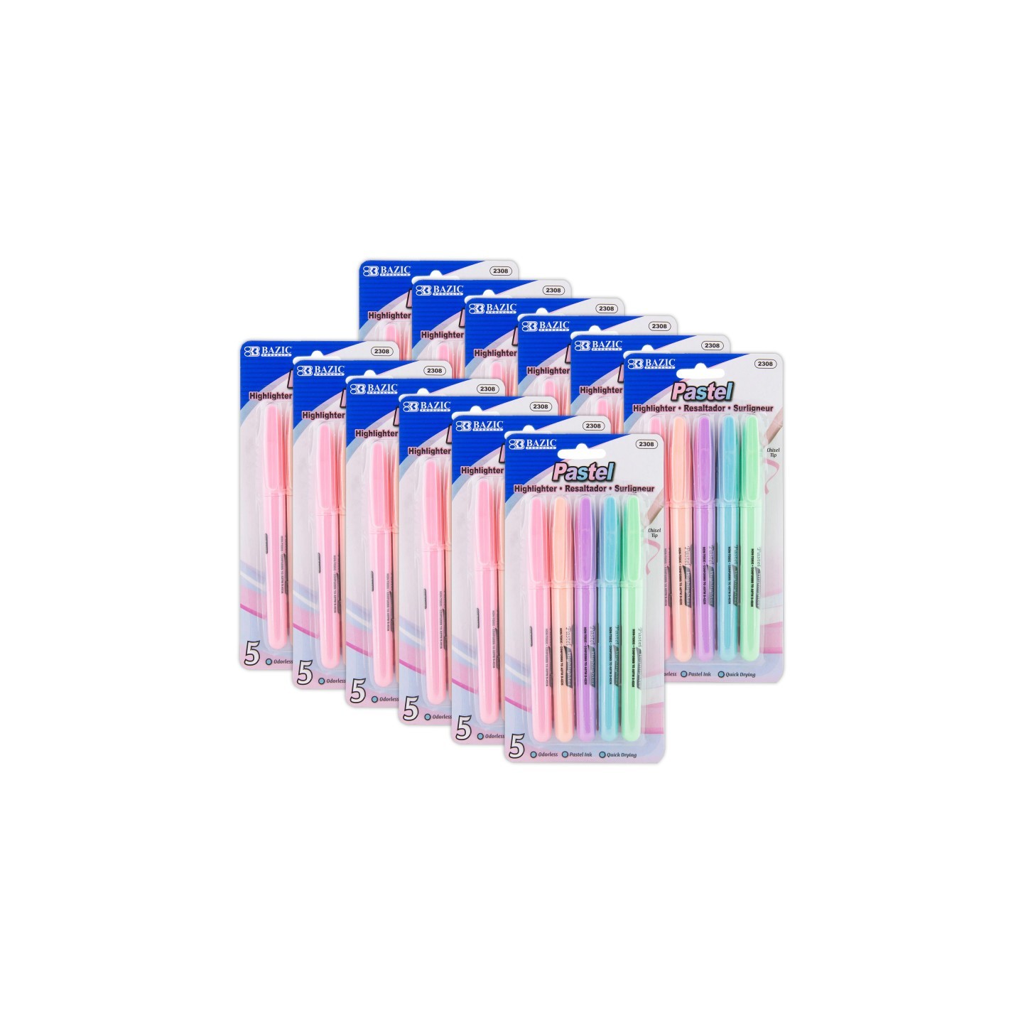 BAZIC Products® Pen Style Highlighter with Pocket Clip, Pastel, 5 Per Pack, 12 Packs