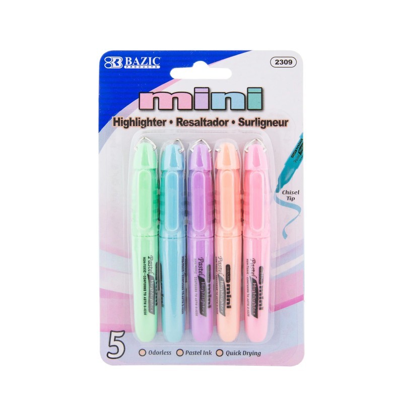 BAZIC Products® Mini Highlighter with Cap Clip, Pastel, Pack of 5