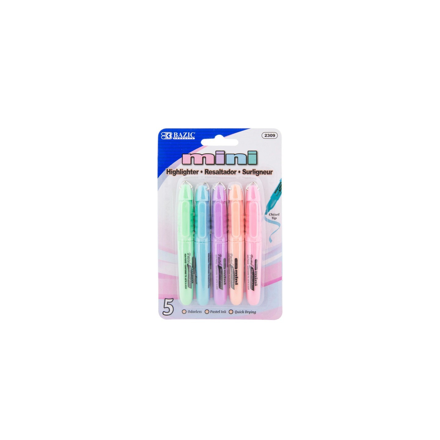 BAZIC Products® Mini Highlighter with Cap Clip, Pastel, Pack of 5