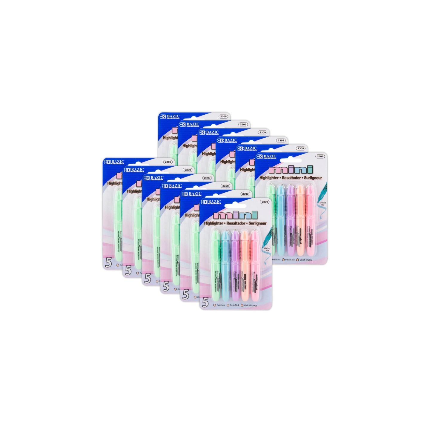 BAZIC Products® Mini Highlighter with Cap Clip, Pastel, 5 Per Pack, 12 Packs