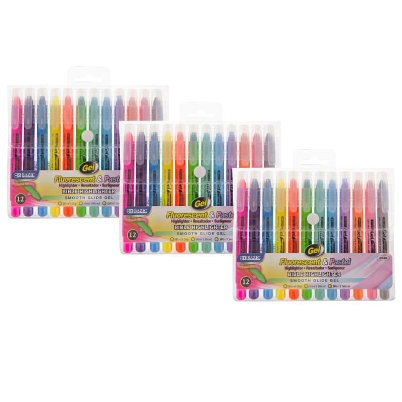 BAZIC Products® Gel Highlighter, 12 Per Pack, 3 Packs