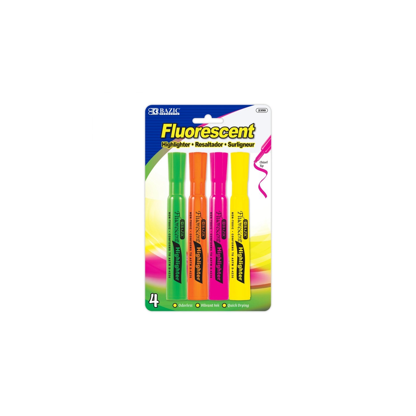 BAZIC Products® Desk Style Fluorescent Highlighters, Pack of 4