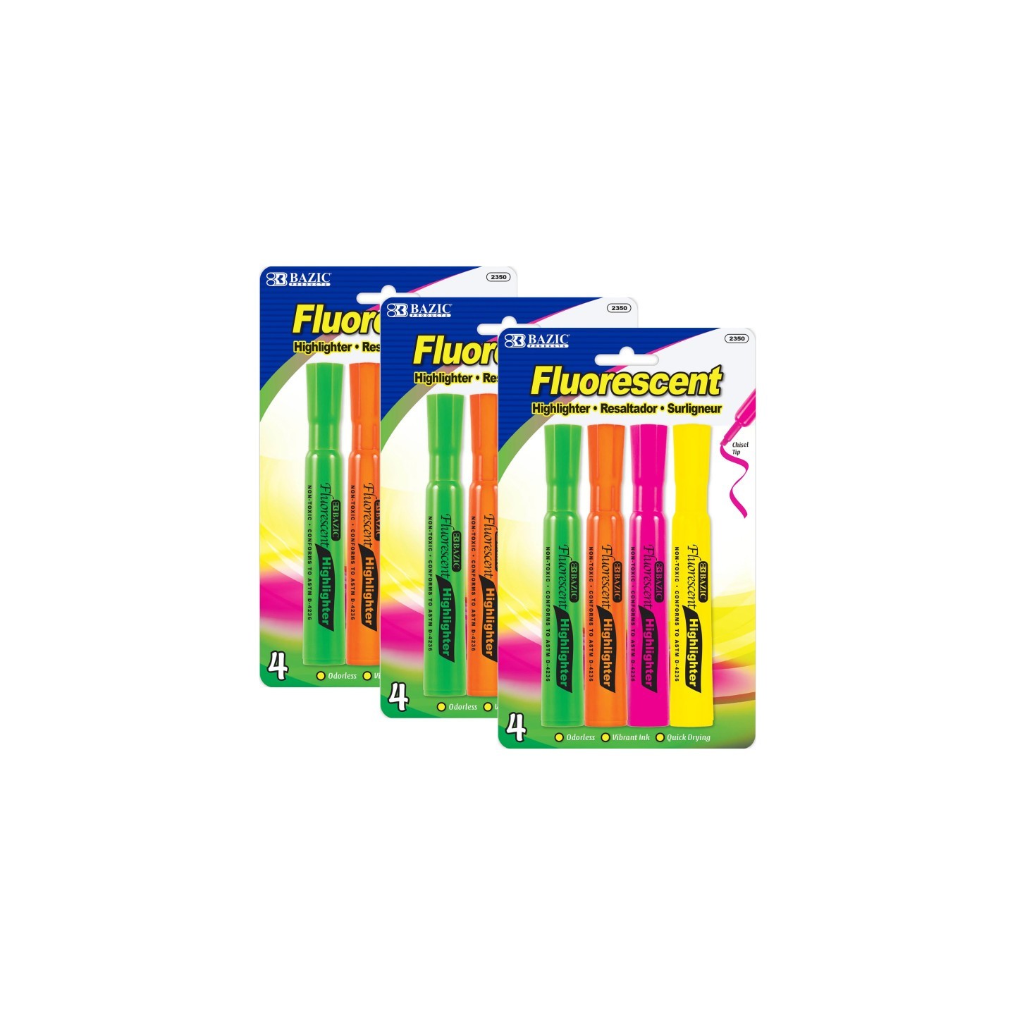 BAZIC Products® Desk Style Fluorescent Highlighters, 4 Per Pack, 3 Packs