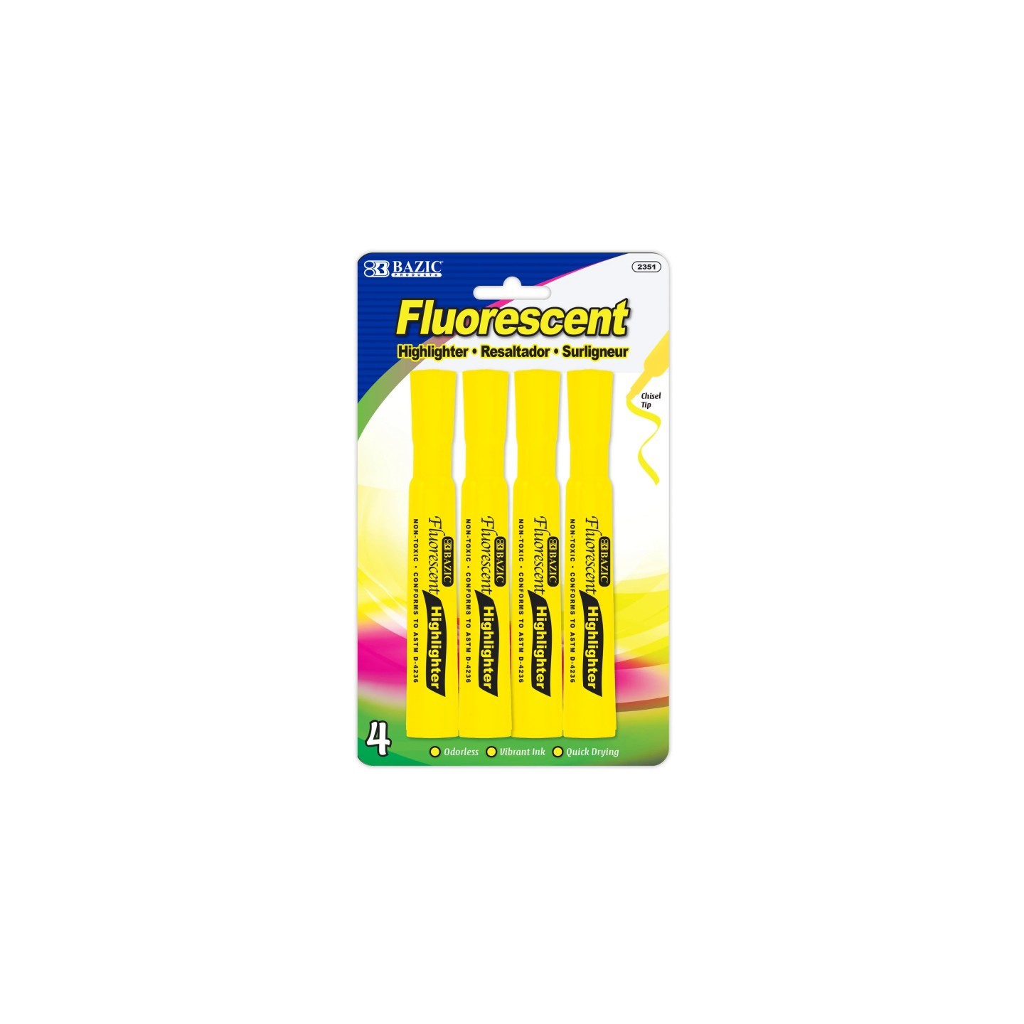 BAZIC Products® Desk Style Fluorescent Highlighters, Yellow, Pack of 4
