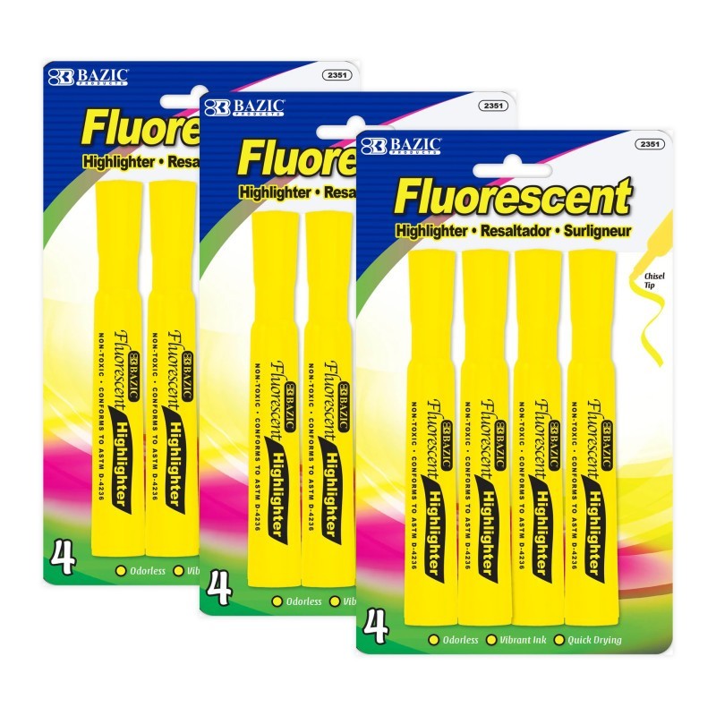BAZIC Products® Desk Style Fluorescent Highlighters, Yellow, 4 Per Pack, 3 Packs