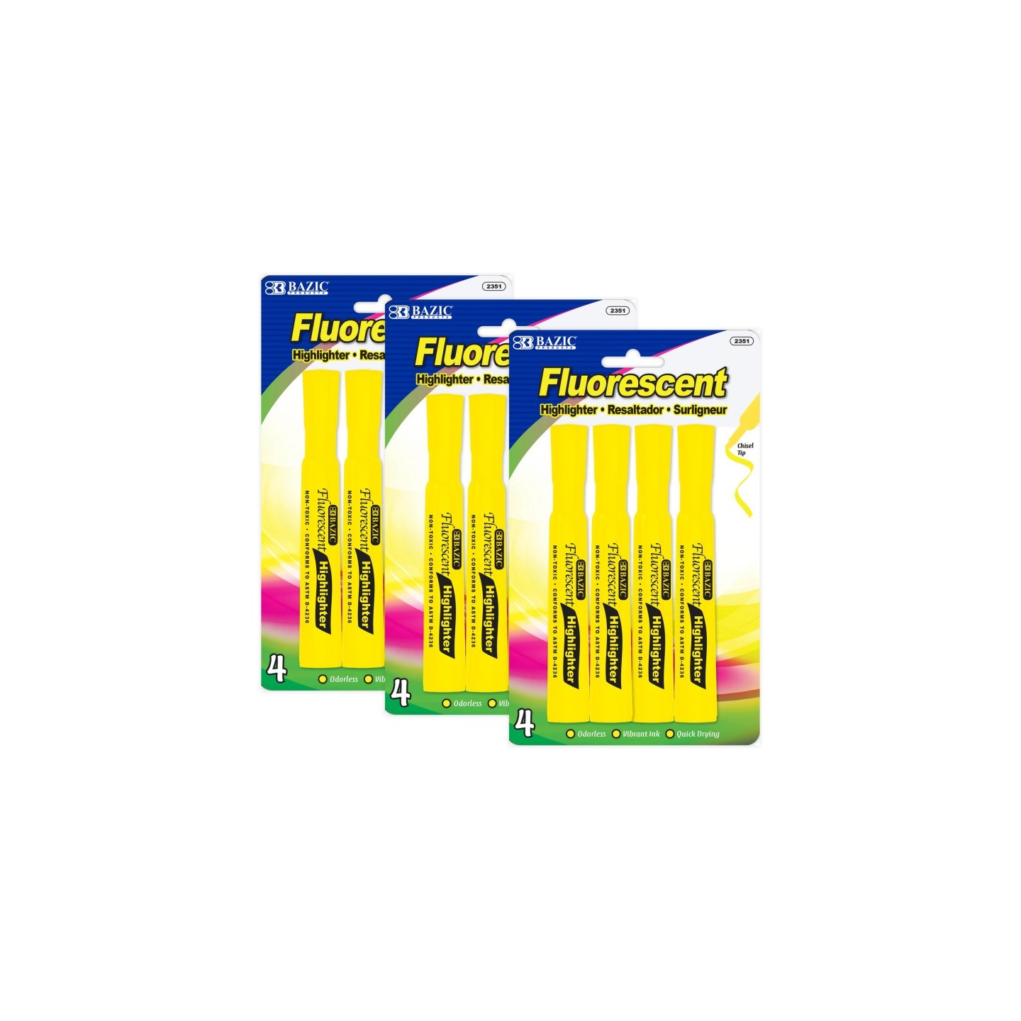 BAZIC Products® Desk Style Fluorescent Highlighters, Yellow, 4 Per Pack, 3 Packs