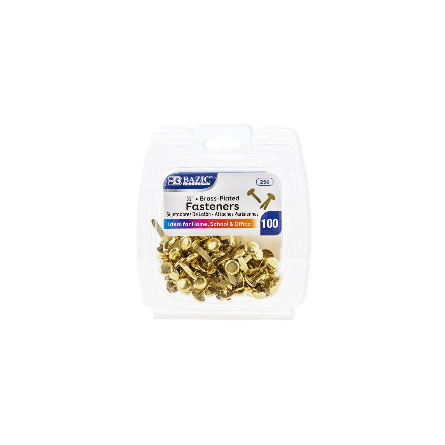 BAZIC Products® Brass-Plated Fasteners, 1/2", Pack of 100