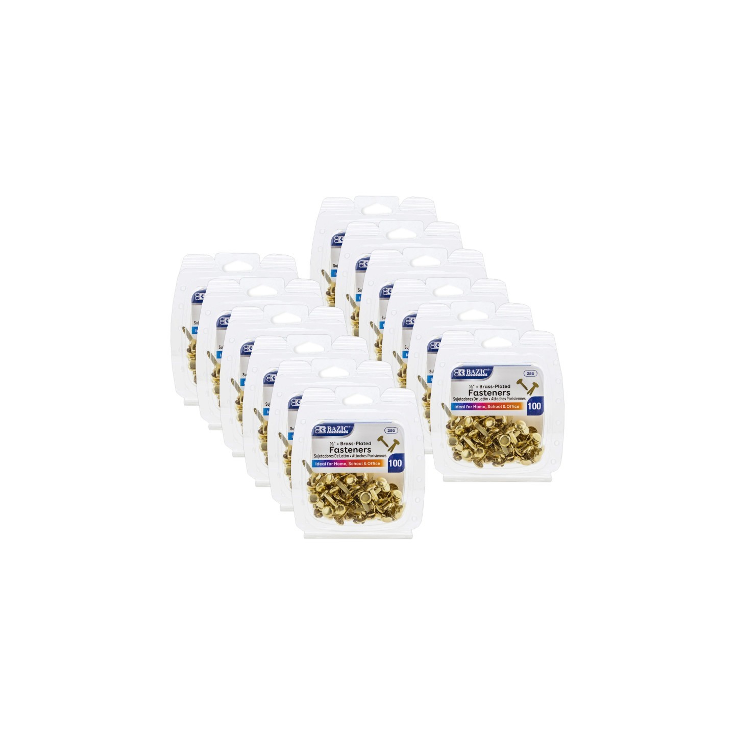 BAZIC Products® Brass-Plated Fasteners, 1/2", 100 Per Pack, 12 Packs