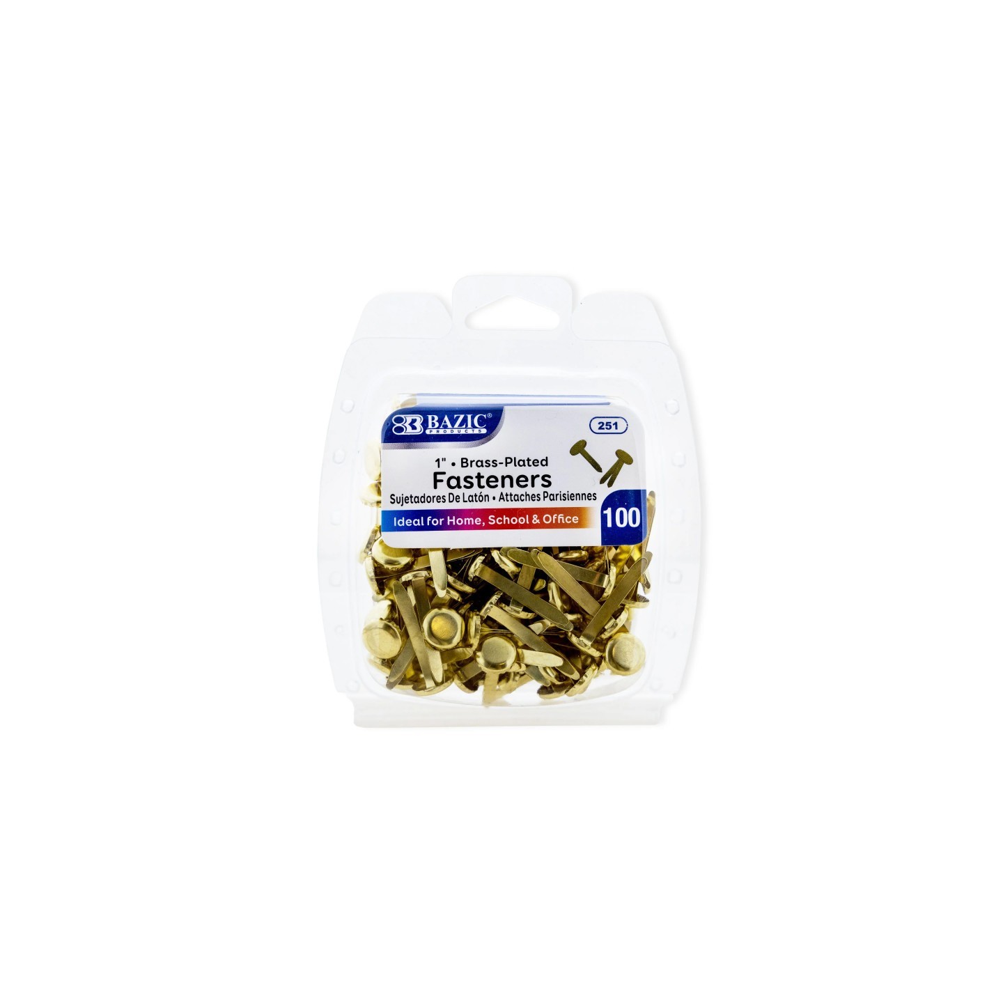 BAZIC Products® Brass-Plated Fasteners, 1", Pack of 100