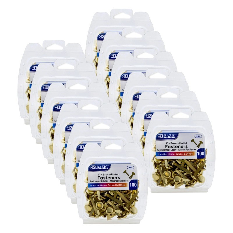 BAZIC Products® Brass-Plated Fasteners, 1", 100 Per Pack, 12 Packs