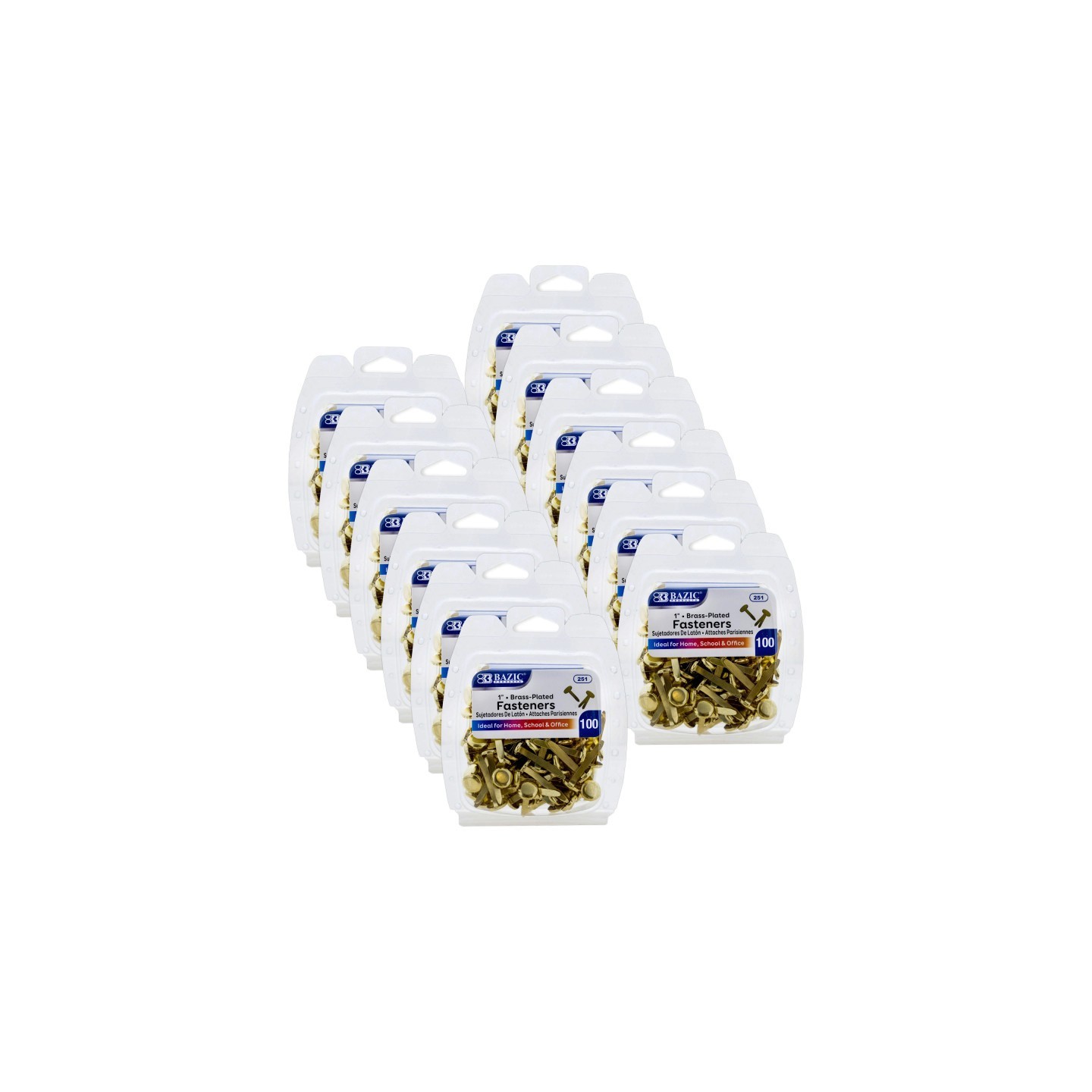 BAZIC Products® Brass-Plated Fasteners, 1", 100 Per Pack, 12 Packs