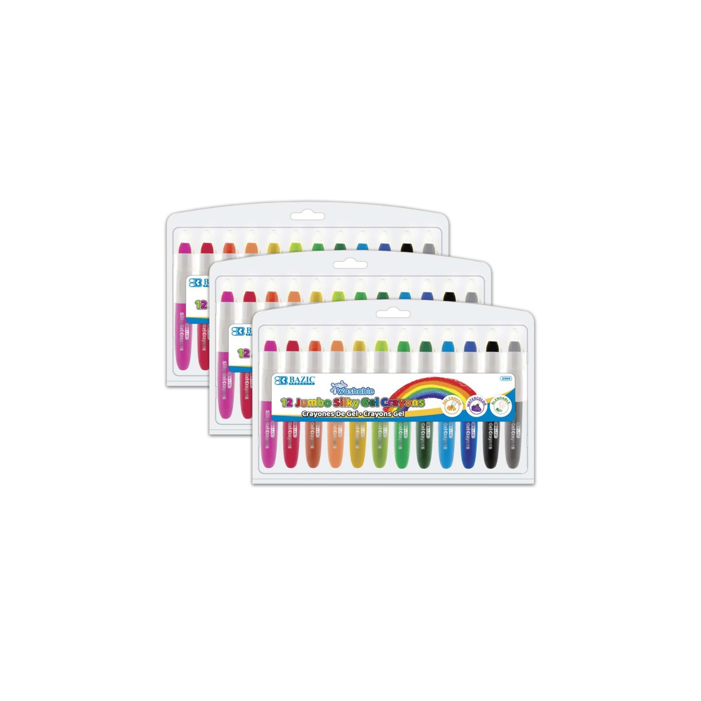 BAZIC Products® Washable Jumbo Silky Gel Crayons, 12 Per Pack, 3 Packs