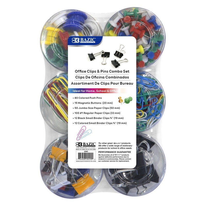 BAZIC Products® Push Pin, Paper Clip, Binder Clip, Magnetic Button Combo Set