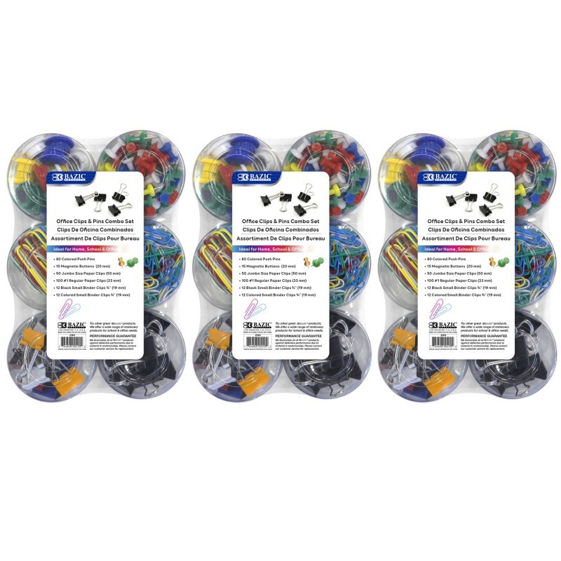 BAZIC Products® Push Pin, Paper Clip, Binder Clip, Magnetic Button Combo Set, 269 Pieces Per Set, 3 Sets