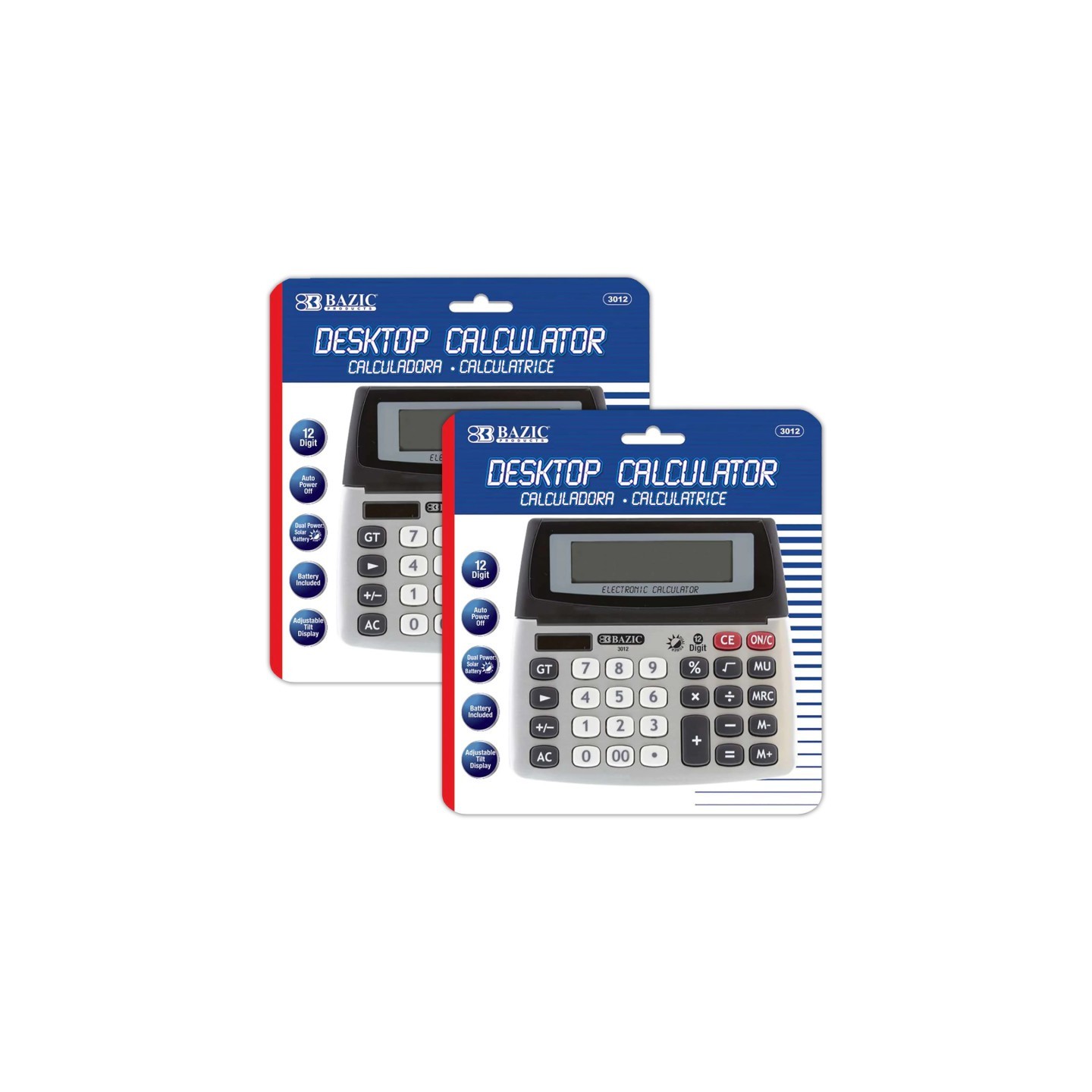 BAZIC Products® 12-Digit Dual Power Desktop Calculator with Adjustable Display, Pack of 2