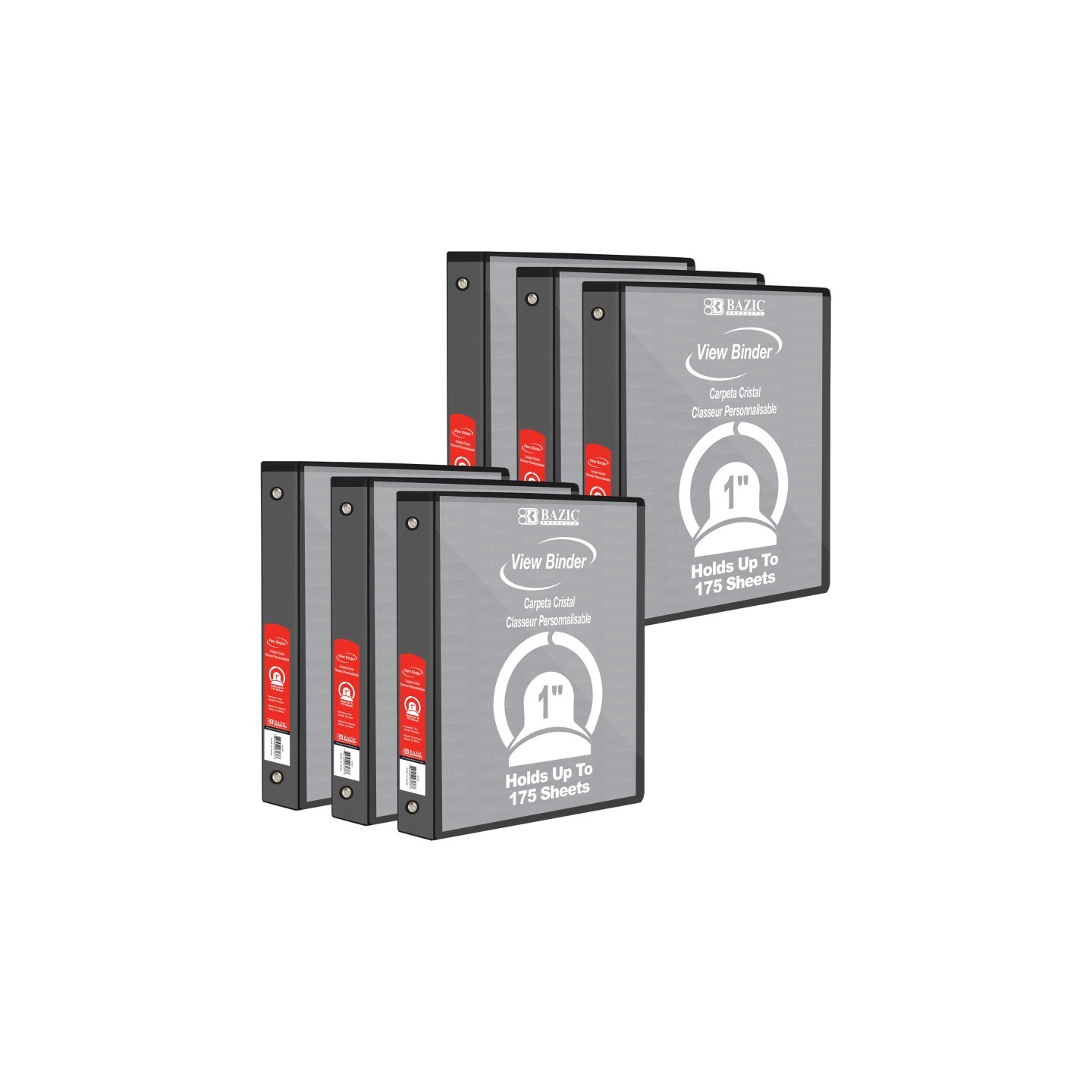 BAZIC Products® View Binder, 3-Ring, 1", 2 Pockets, Black, Pack of 6