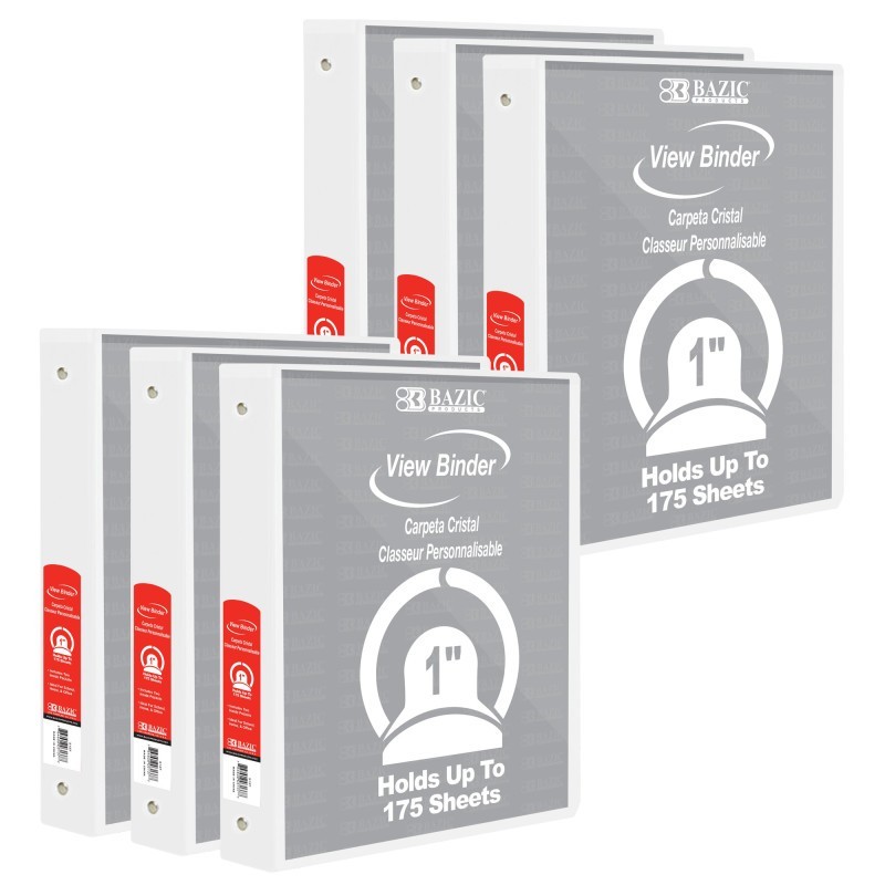 BAZIC Products® View Binder, 3-Ring, 1", 2 Pockets, White, Pack of 6