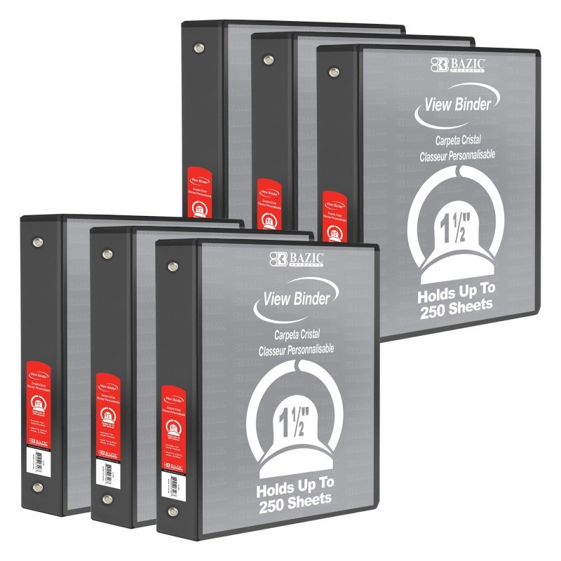 BAZIC Products® 3-Ring View Binder with 2 Pockets, 1.5", Black, Pack of 6