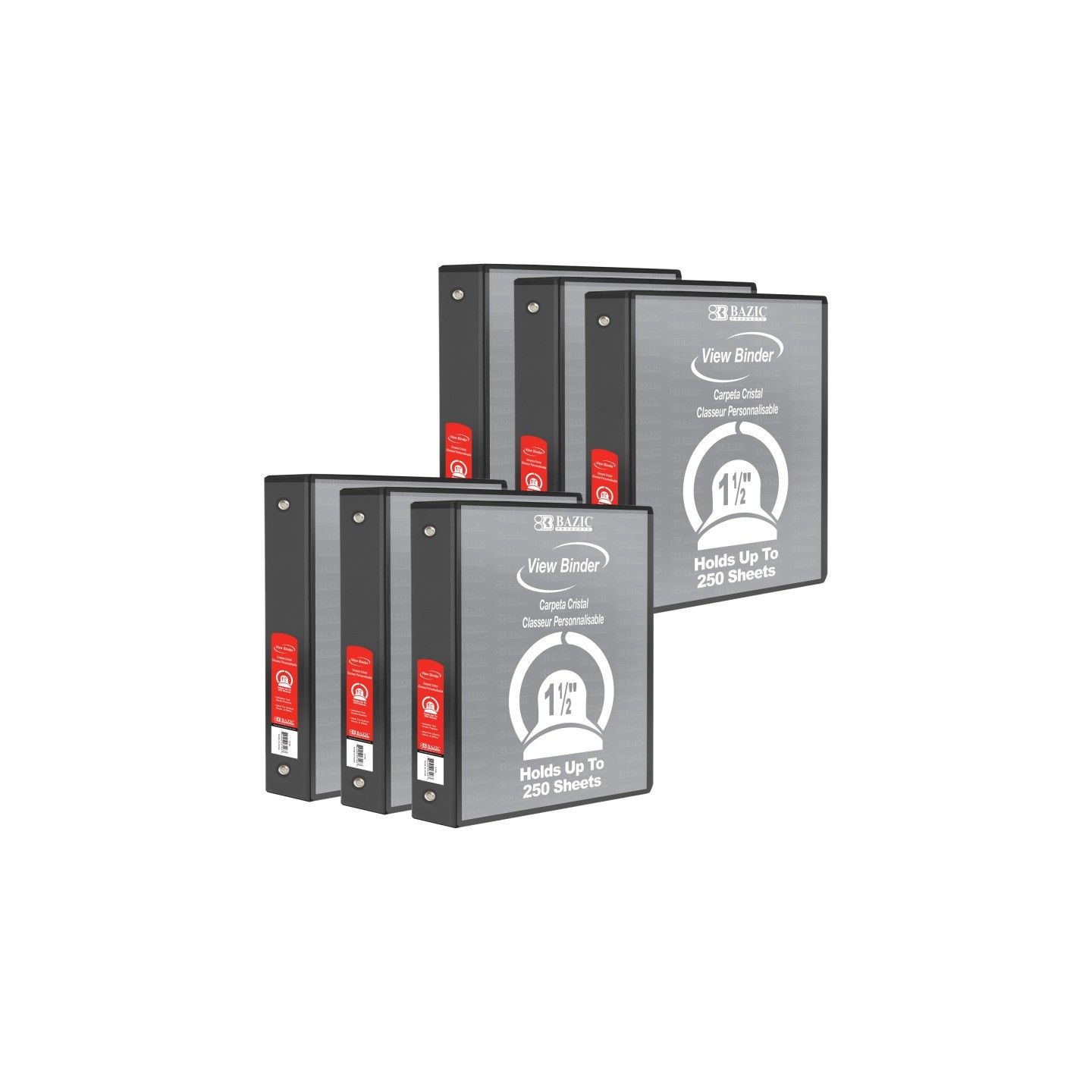 BAZIC Products® 3-Ring View Binder with 2 Pockets, 1.5", Black, Pack of 6
