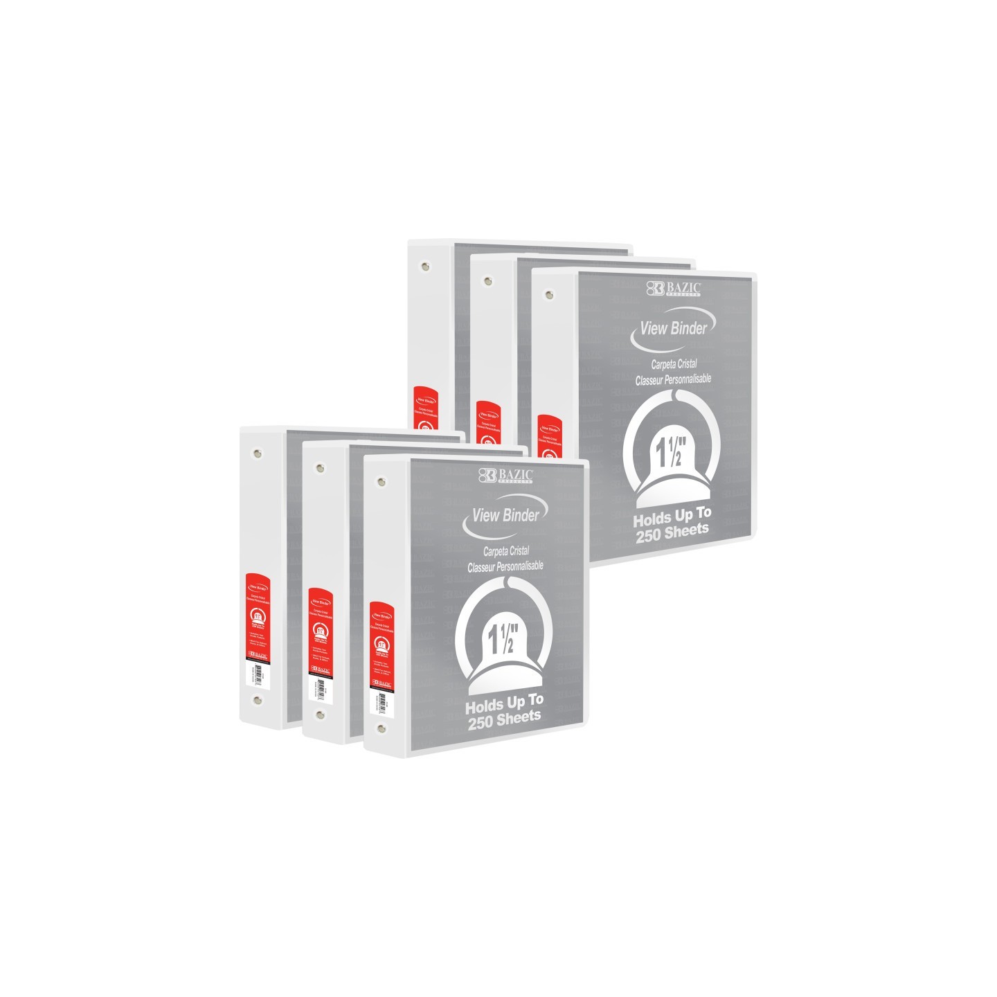 BAZIC Products® 3-Ring View Binder with 2 Pockets, 1.5", White, Pack of 6
