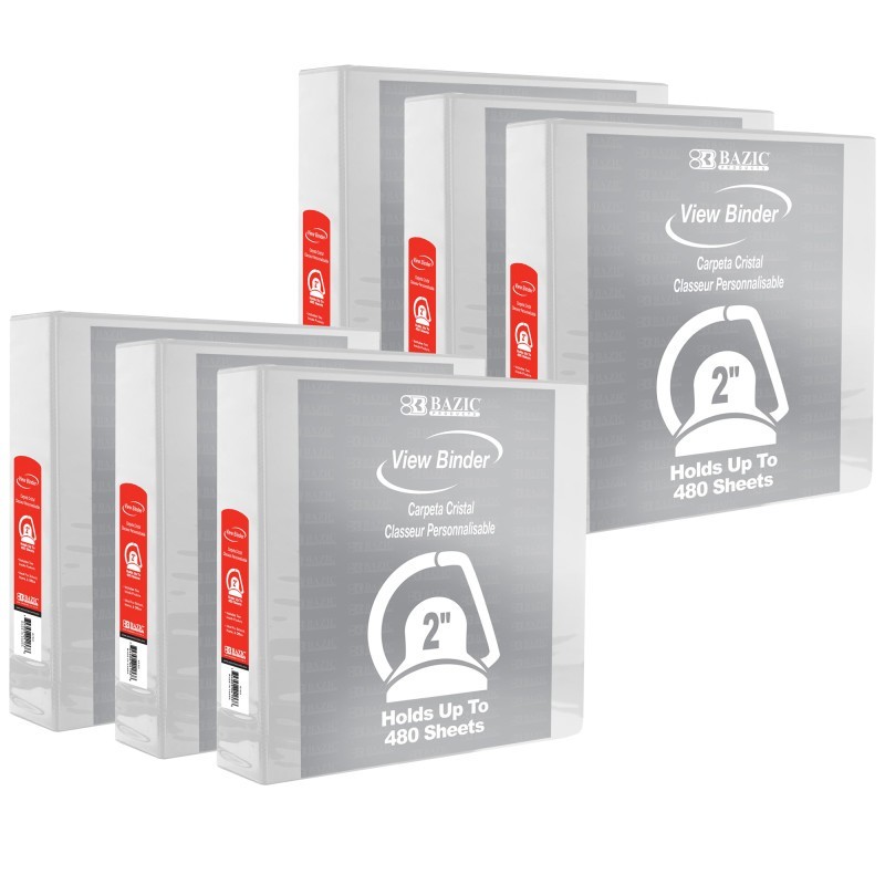 BAZIC Products® Slant D Ring View Binder with 2 Pockets, 2", White, Pack of 6