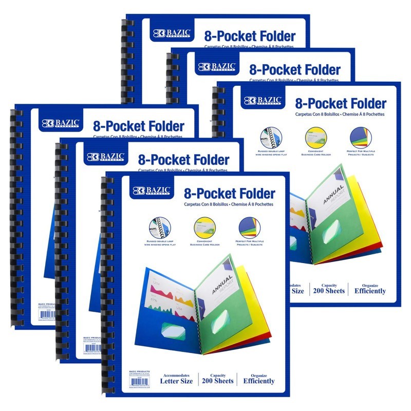 BAZIC Products® 8-Pocket Folder, Assorted Colors, Pack of 6