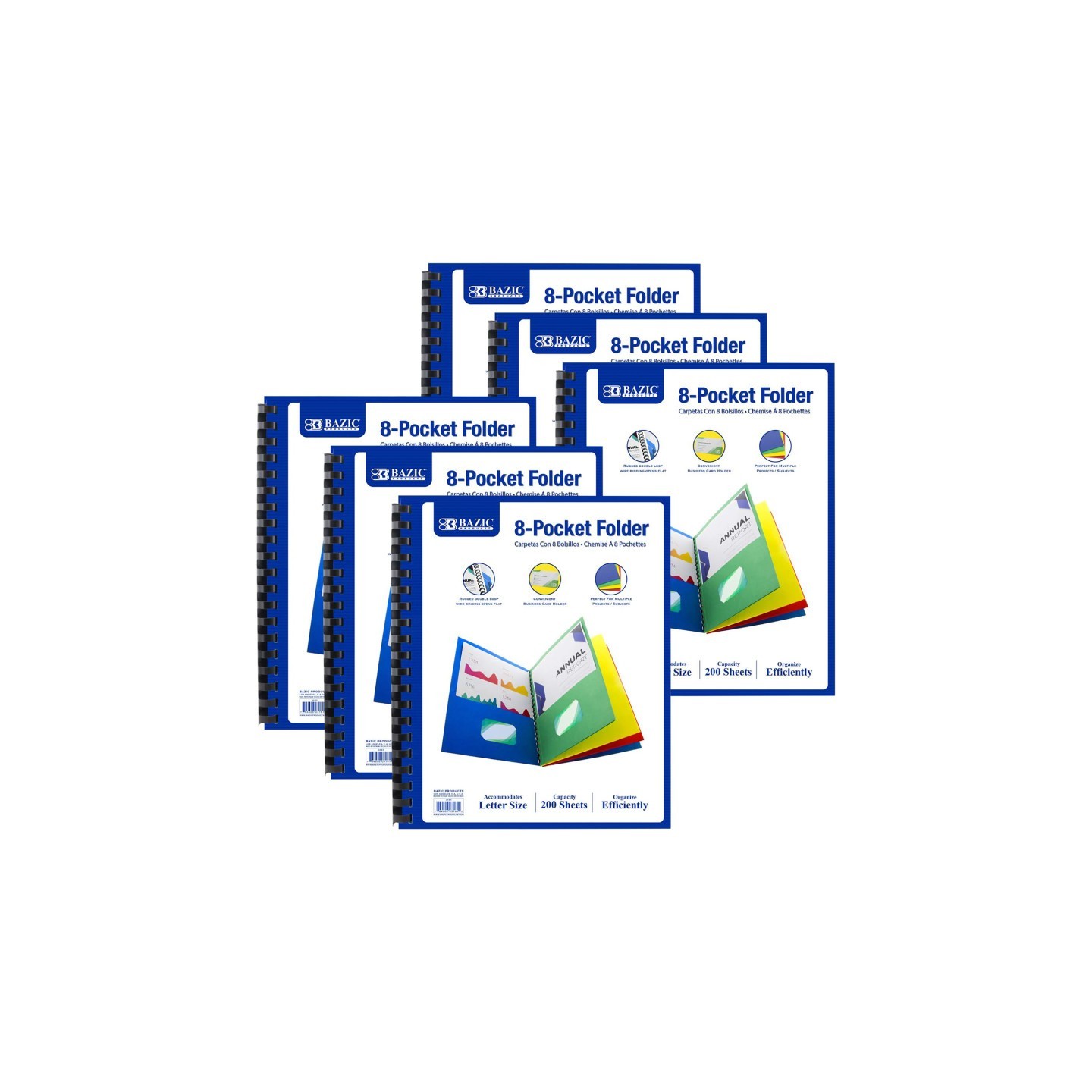 BAZIC Products® 8-Pocket Folder, Assorted Colors, Pack of 6