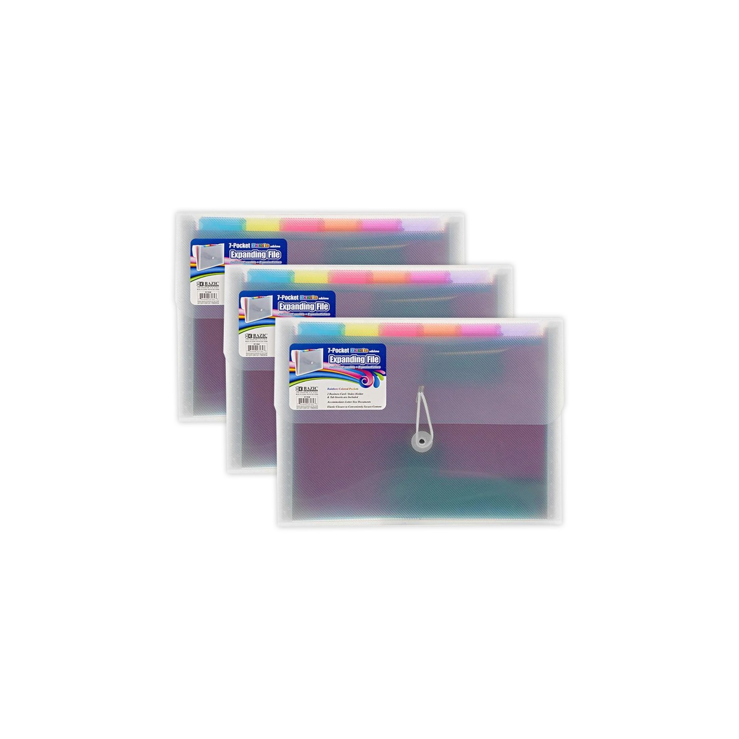 BAZIC Products® Rainbow 7-Pocket Letter Size Poly Expanding File, Pack of 3