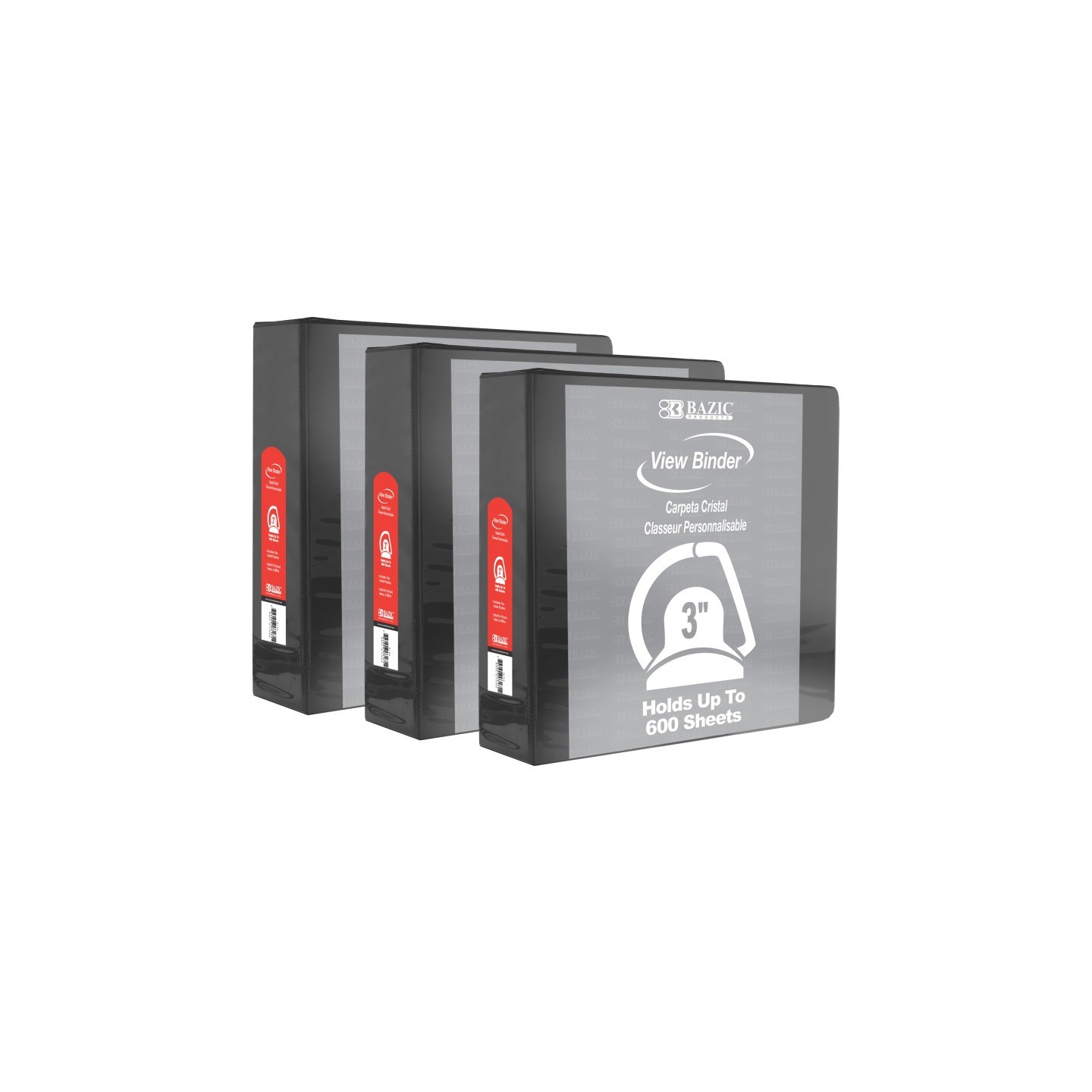 BAZIC Products® Slant D Ring View Binder with 2 Pockets, 3", Black, Pack of 3
