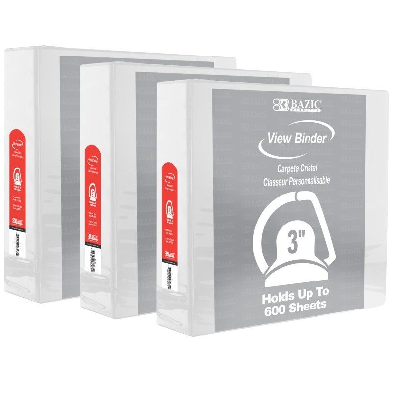 BAZIC Products® Slant D Ring View Binder with 2 Pockets, 3", White, Pack of 3