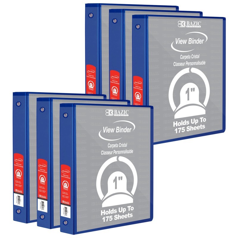 BAZIC Products® 3-Ring View Binder with 2 Pockets, 1", Blue, Pack of 6