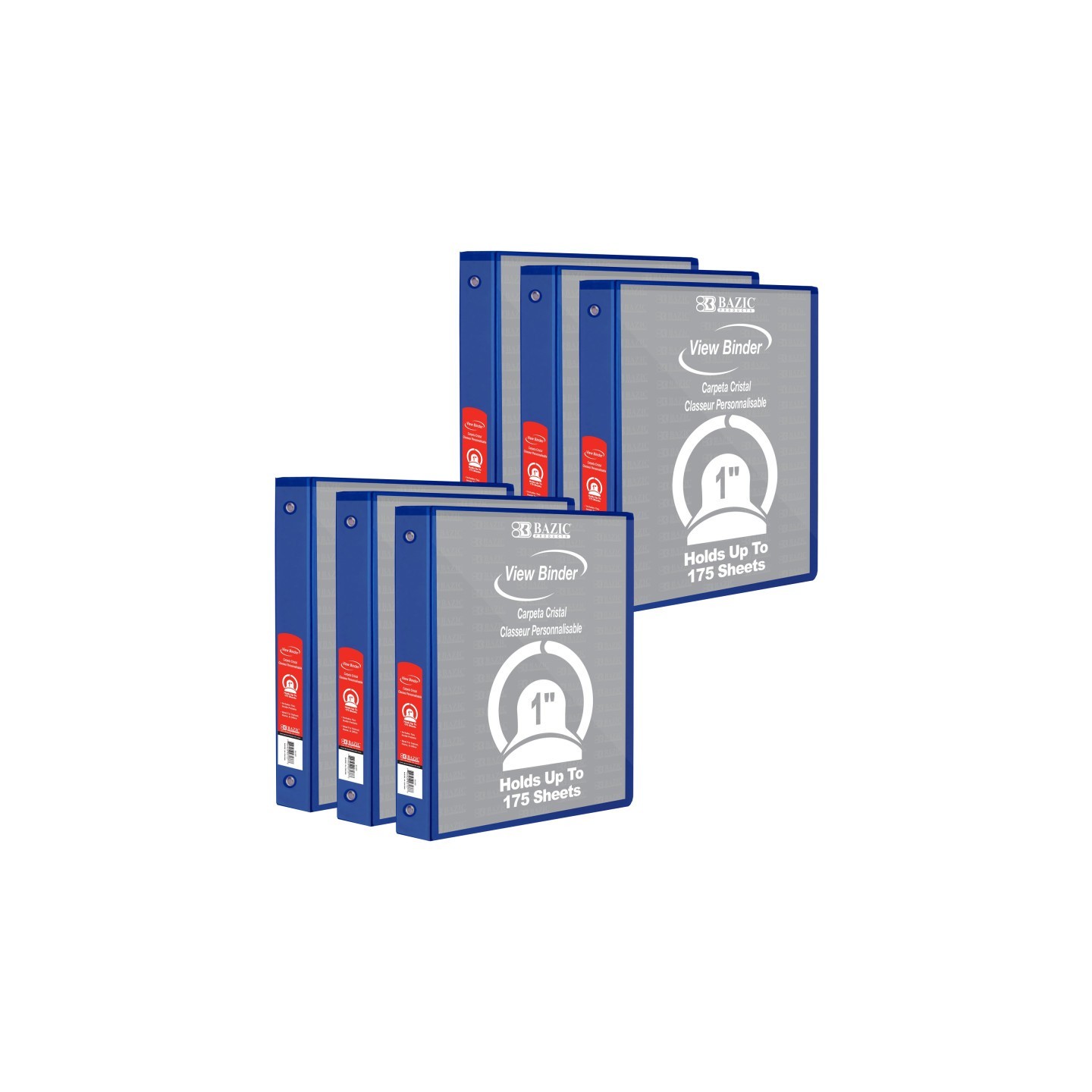 BAZIC Products® 3-Ring View Binder with 2 Pockets, 1", Blue, Pack of 6