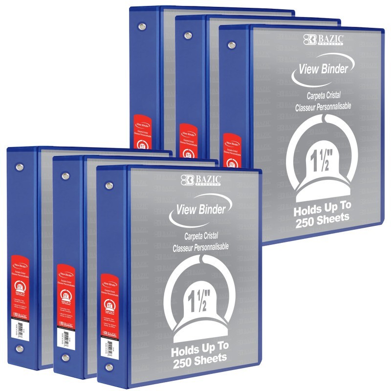 BAZIC Products® 3-Ring View Binder with 2 Pockets, 1.5", Blue, Pack of 6