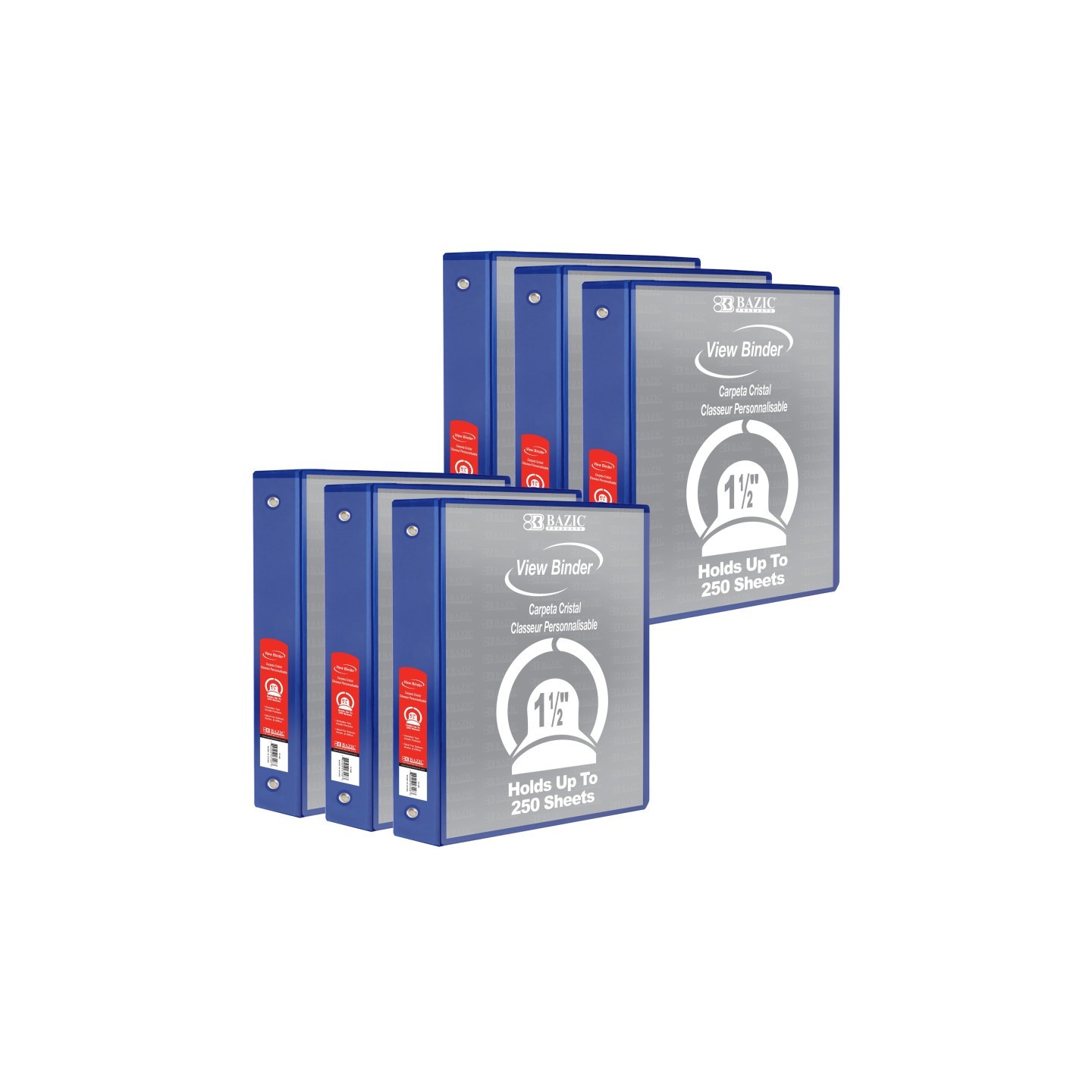 BAZIC Products® 3-Ring View Binder with 2 Pockets, 1.5", Blue, Pack of 6