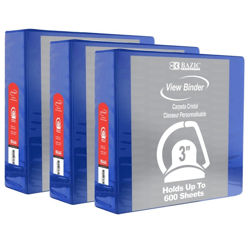 BAZIC Products® Slant D Ring View Binder with 2 Pockets, 3", Blue, Pack of 3