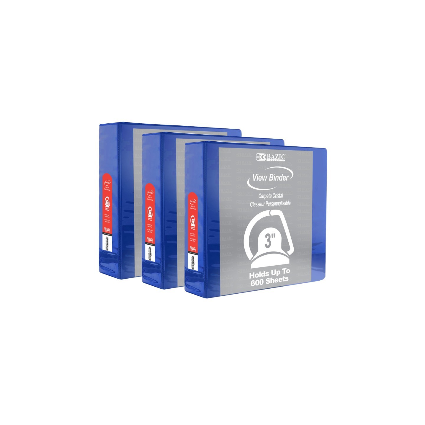 BAZIC Products® Slant D Ring View Binder with 2 Pockets, 3", Blue, Pack of 3