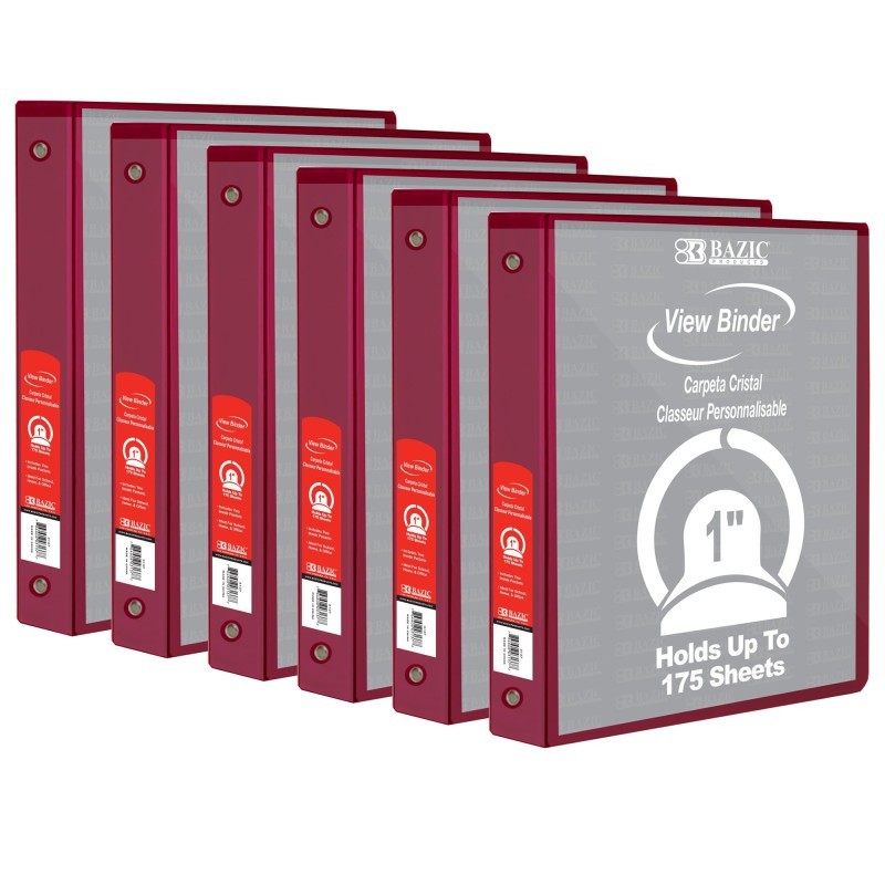 BAZIC Products® 3-Ring View Binder with 2 Pockets, 1", Burgundy, Pack of 6