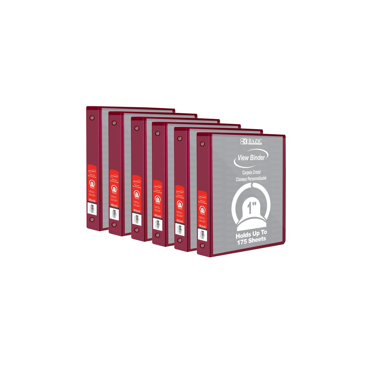 BAZIC Products® 3-Ring View Binder with 2 Pockets, 1", Burgundy, Pack of 6